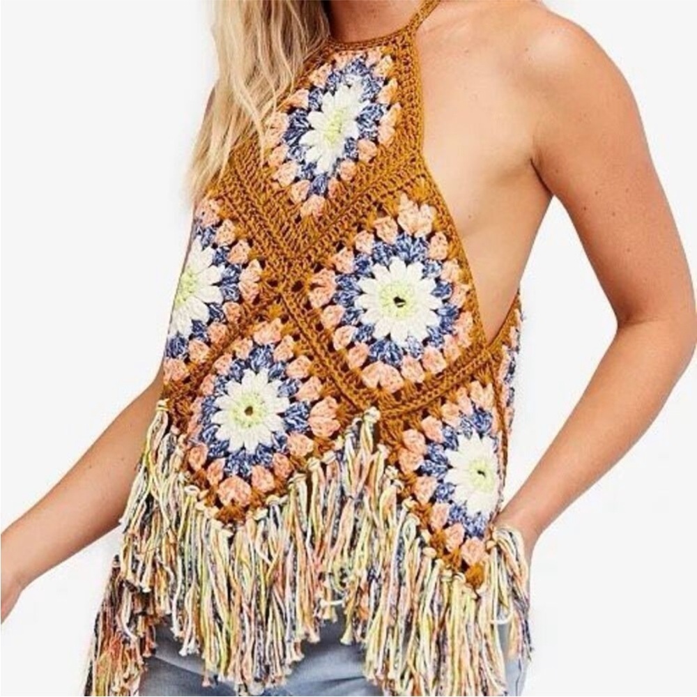 NEW Free People Summer Of Love Cotton Crochet Halter Top Size Extra Small/Small - Picture 3 of 10